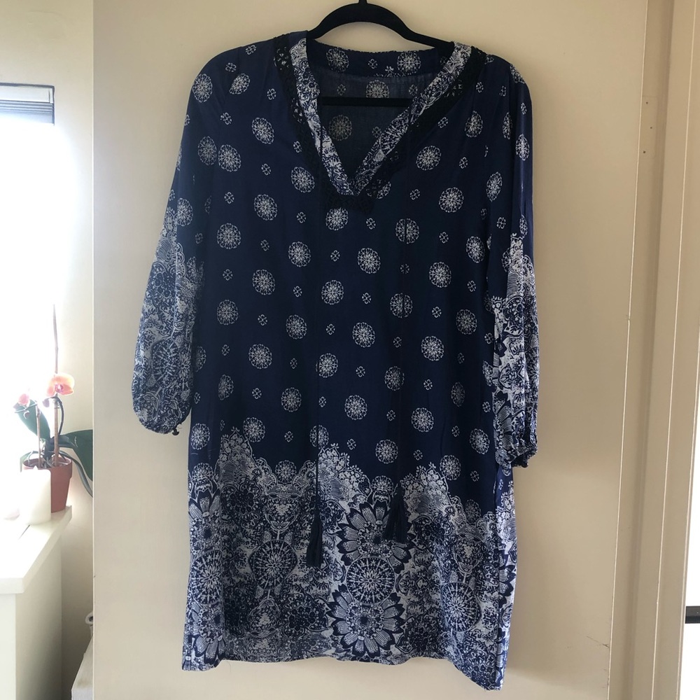 Navy Blue Boho Embroidered Tassel Tunic Mini Dress Long Sleeve Peasant S